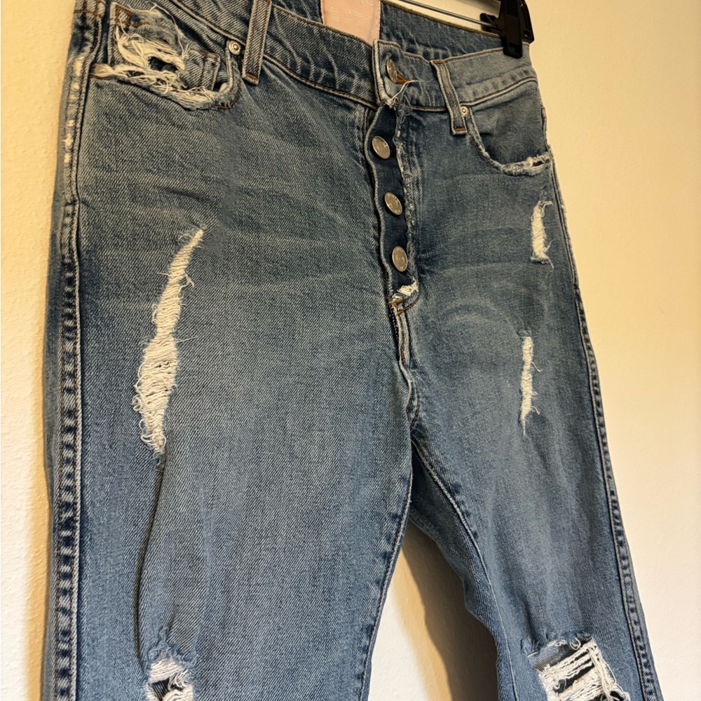 REVICE High Rise Button Fly Ripped Blue Jeans - Picture 3 of 4